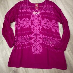 Johnny Was Magenta Embroidered Long Sleeve Tee